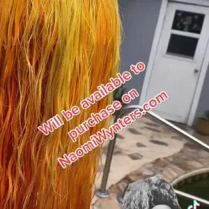 Vibrant wig with text overlay